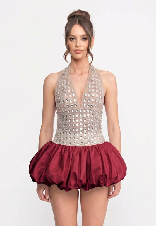 Crystal-Embellished Halter Mini Dress With Bubble Skirt - Red
