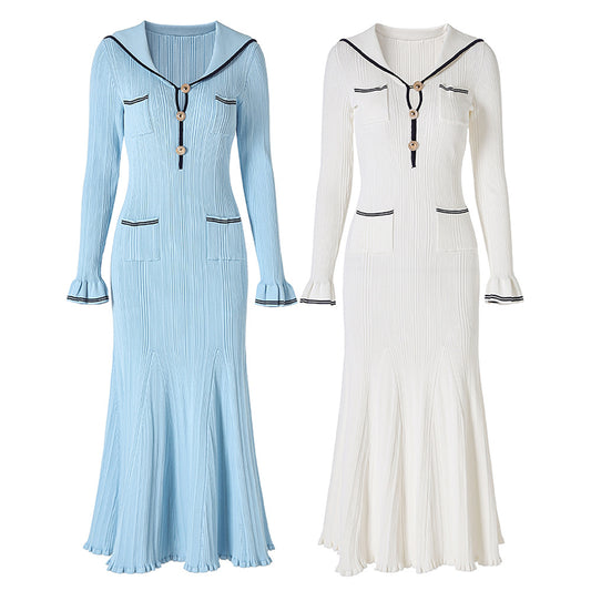 Navy collar trumpet sleeve long dress