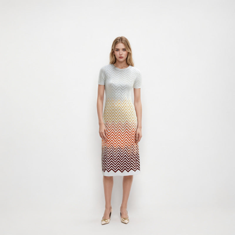 Short Sleeve  Wavy Striped Knitted Dress