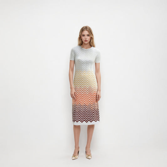 Short Sleeve  Wavy Striped Knitted Dress