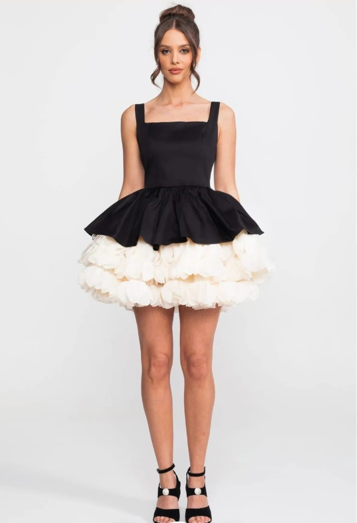 Strapless Mini Dress With Square Neckline And Ruffled Skirt Underlay - Black