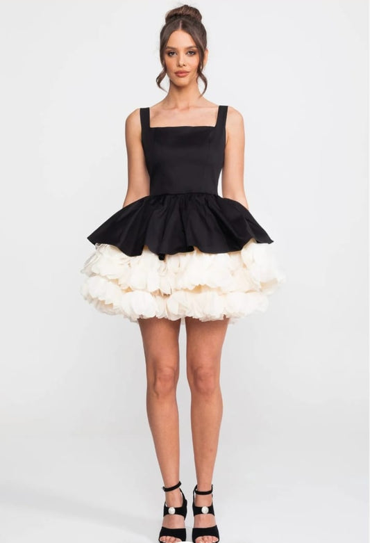 Strapless Mini Dress With Square Neckline And Ruffled Skirt Underlay - Black