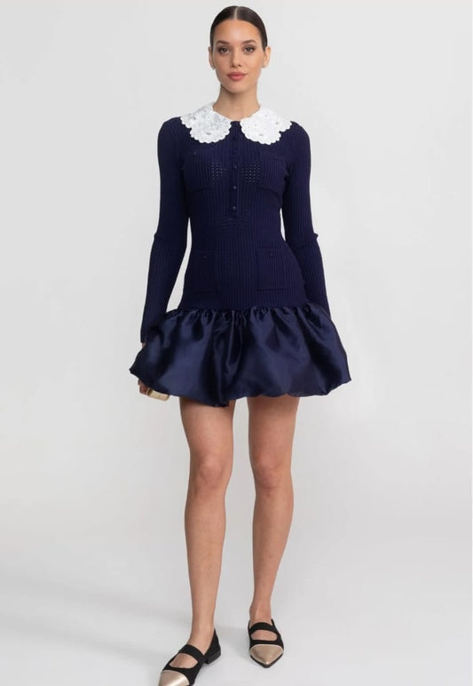Knit Long Sleeve Mini Dress With Broderie Collar - Navy