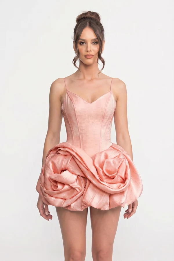 Spaghetti-Strap Velvet Mini Dress With 3D Rose Skirt - Pink