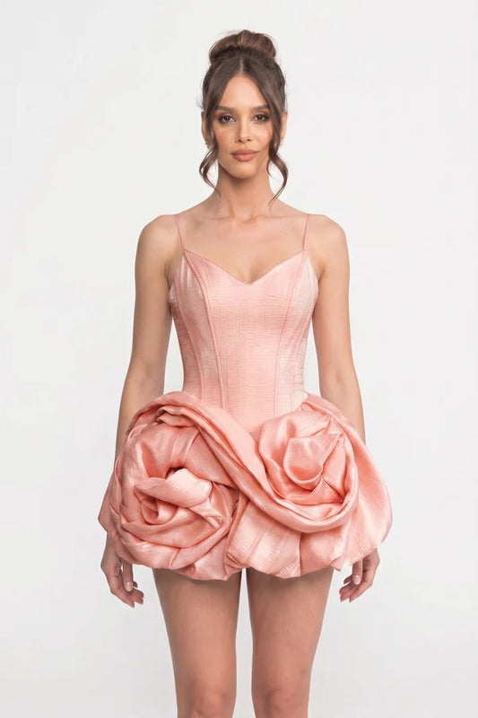 Spaghetti-Strap Velvet Mini Dress With 3D Rose Skirt - Pink