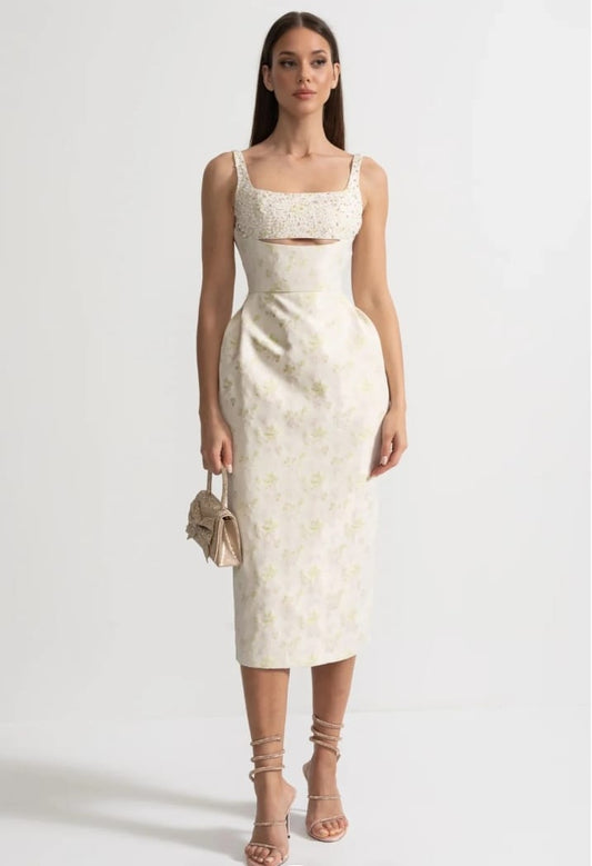 Sleeveless Midi Dress With Square Neckline, Subtle Floral Pattern And Front Cutout - Ivoire