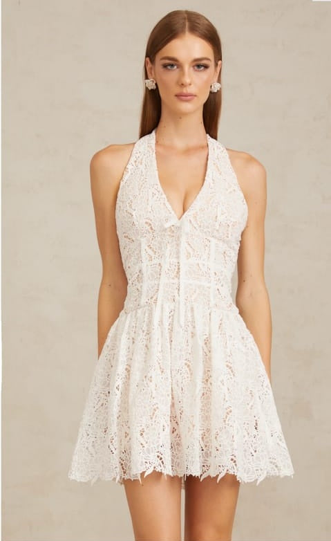 Quincia White Halterneck Corded Lace Mini Dress