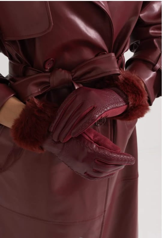 Vegan Leather Gloves With Fur Cuffs - Burgundy