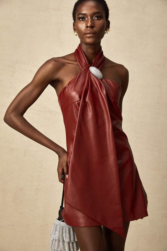 Maxanne Red Halterneck Mini-robe en peau de mouton