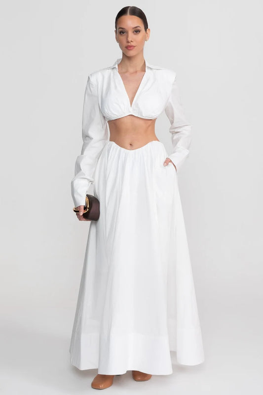 Long Sleeve Co-Ord Set With Cropped Underbust Top - White