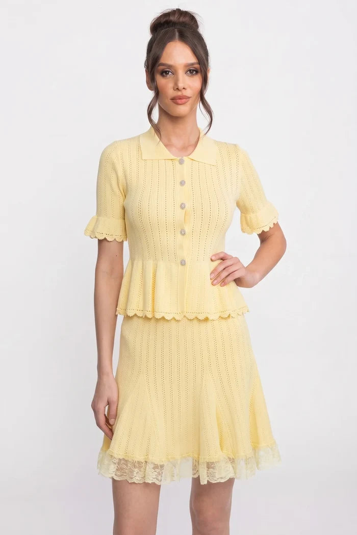 Peter-Pan Collar Knit Peplum Co-Ord set With Lace Hem - Yellow