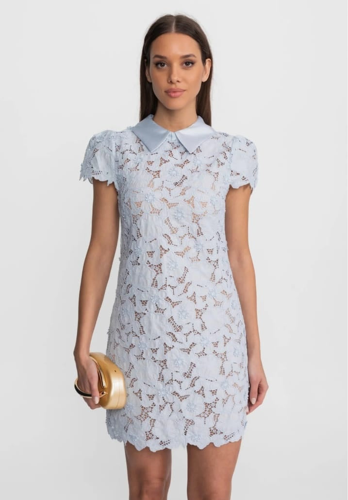 Floral Lace Mini Dress with Satin Collar – Light Blue