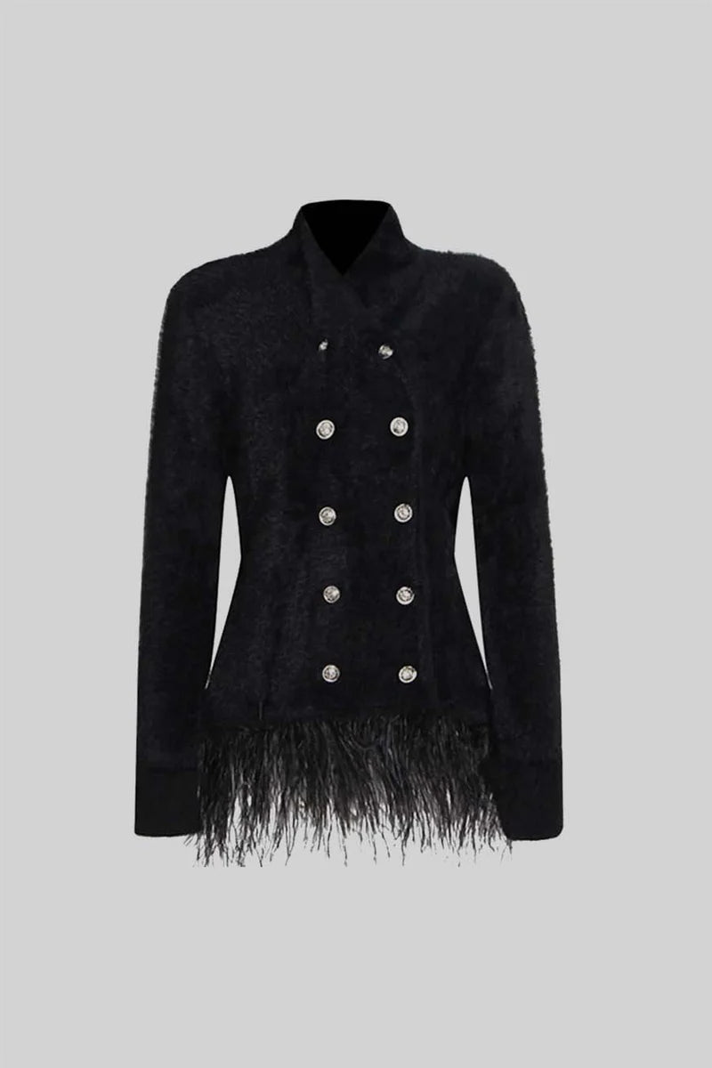 Double Breasted Textured Jacket With Fringed Hem