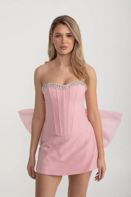 Mini Corset Set With Oversized Back Bow - Pink