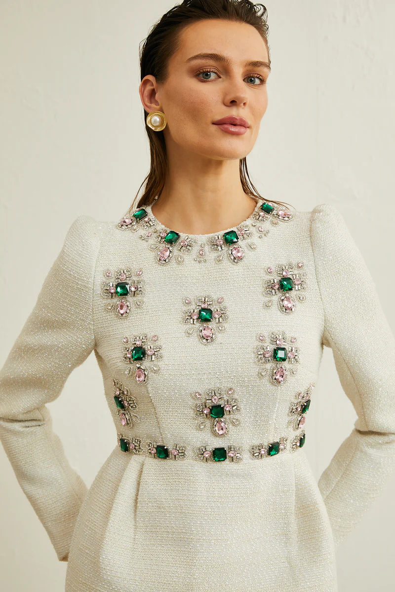 Pauline White Tweed Mini-robe ornée de perles de perles