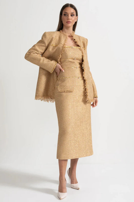 Textured Tweed Overcoat With Intricate Sequin Embellishments And Fringe Trim Accents - Gold