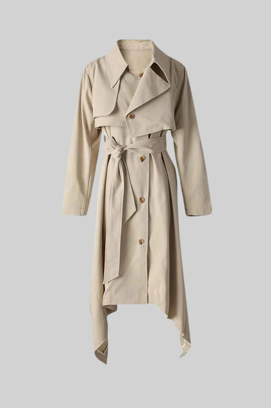 Long Trench Coat with Tie Belt and Asymmetrical Hem - Beige