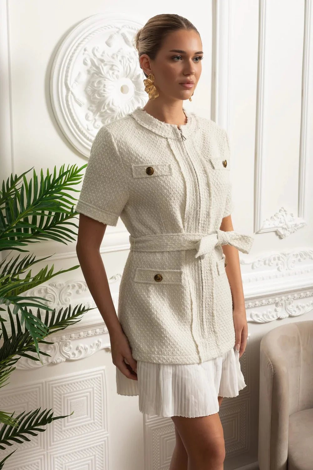 Bouclé Mini Dress With Belted Waist And Pleated Hem - Ivoire