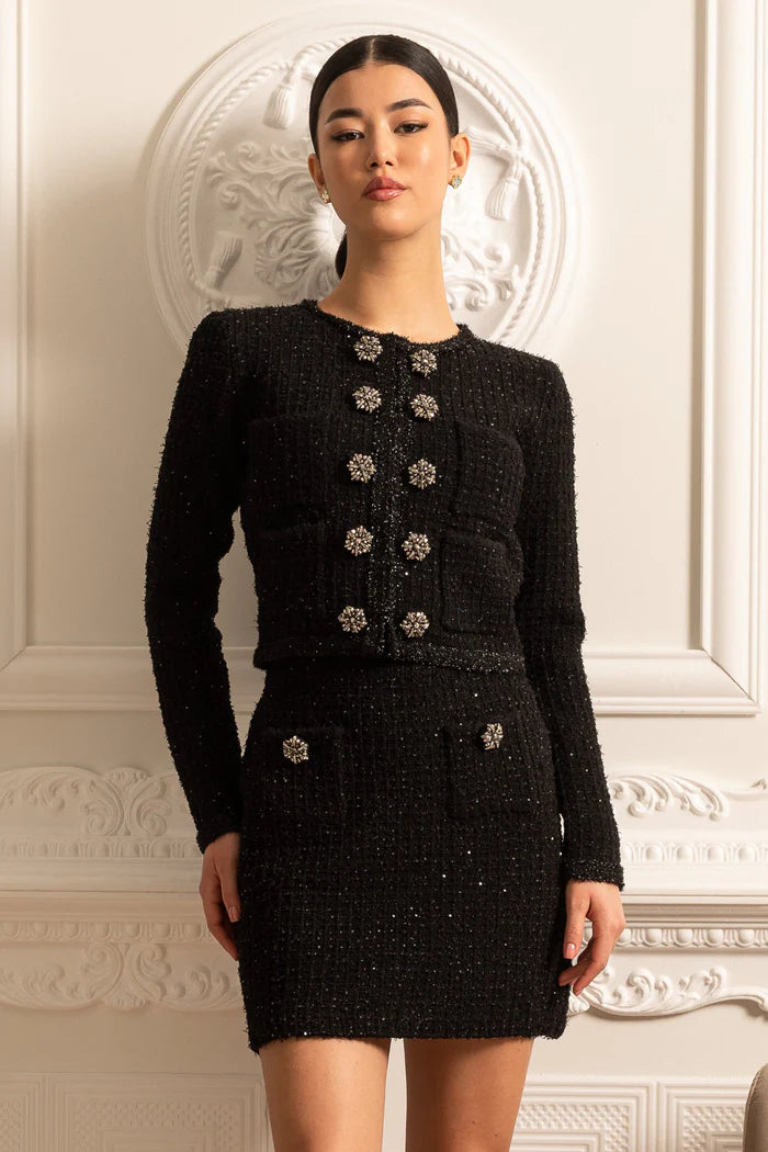 Knit Co-Ord Set With Long Sleeved Jacket and Mini Skirt - Black