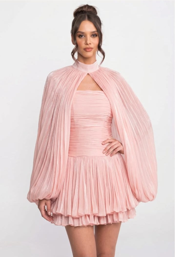 Balloon Sleeve High Neck Mini Dress with Pleated Skirt - Pink