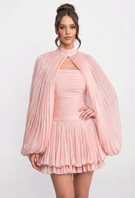 Balloon Sleeve High Neck Mini Dress with Pleated Skirt - Pink