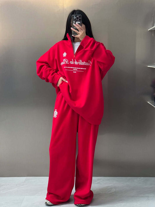 Half-zipper letter long-sleeved trousers two-piece set