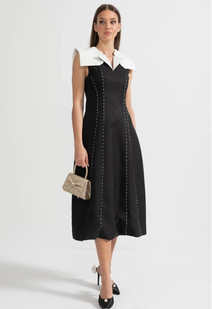 Contrasting Stitch Sleeveless Midi Dress With Oversized White Shoulders - Black