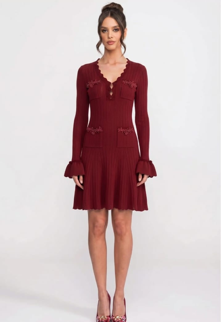 Long-Sleeve V-Neck Knit Mini Dress With Ruffle Hem And Bow Cuffs - Burgundy