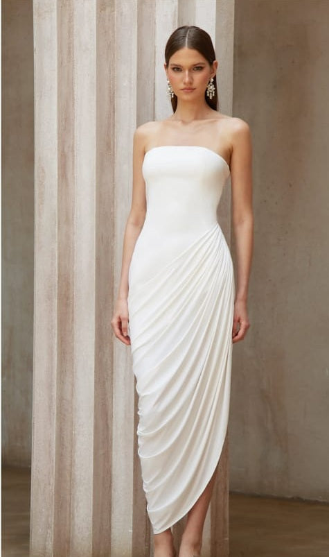 Wanda White Asymmetrical Ruched Midi Dress