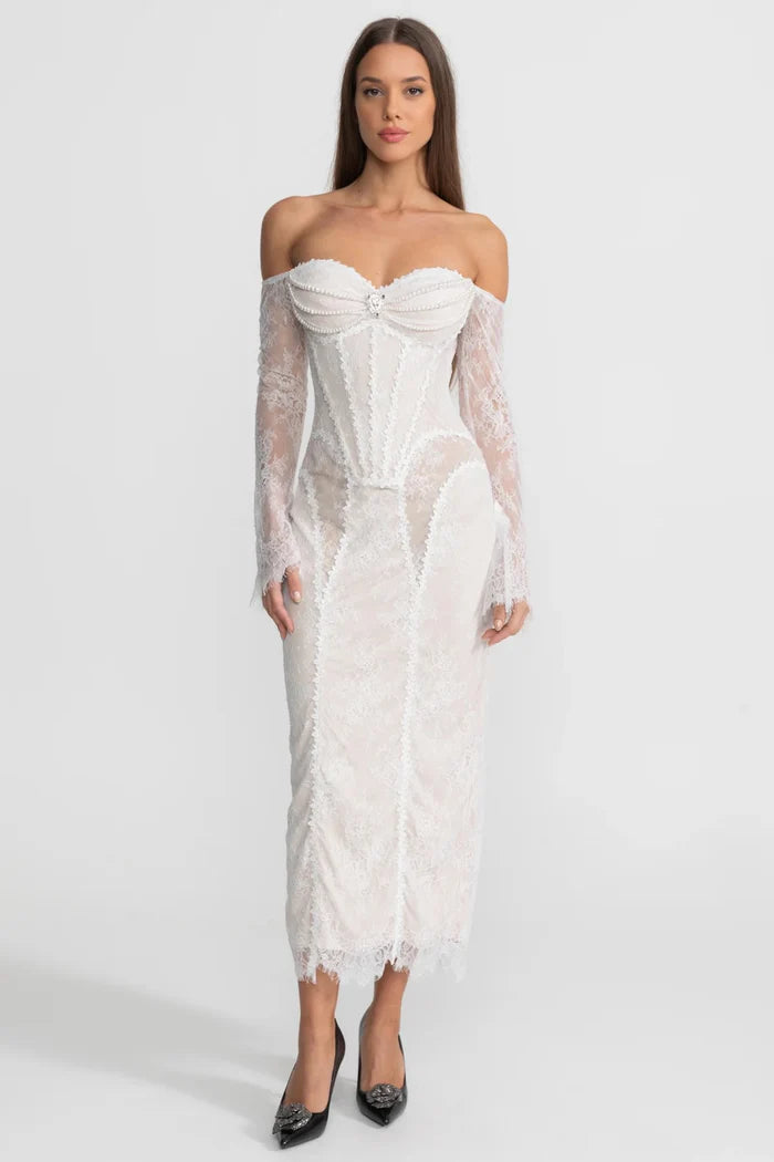 Off-Shoulder Lace Midi Dress with Pearl-Trimmed Bustier - Ivoire