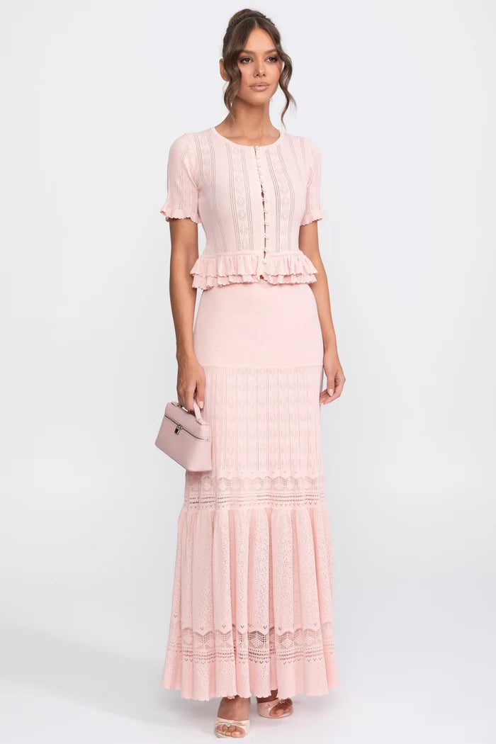 Two-Piece Knit Co-Ord Set With Ruffled Waist - Pink