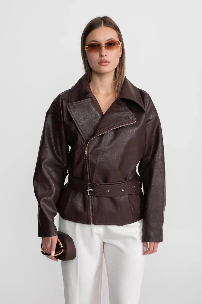 Belted Biker Jacket With Wide Lapels – Chocolate Brown