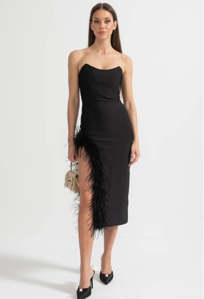 Strapless Feather-Trimmed Dress With Fitted Bodice And Asymmetrical Hemline - Black