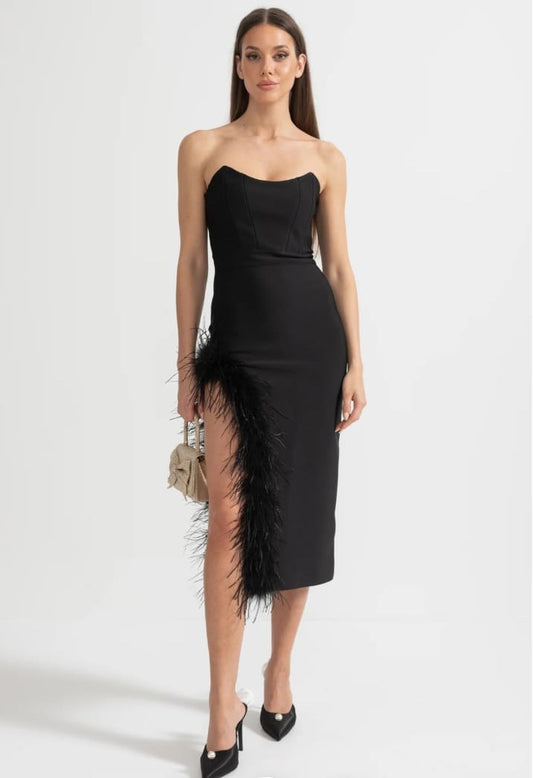 Strapless Feather-Trimmed Dress With Fitted Bodice And Asymmetrical Hemline - Black