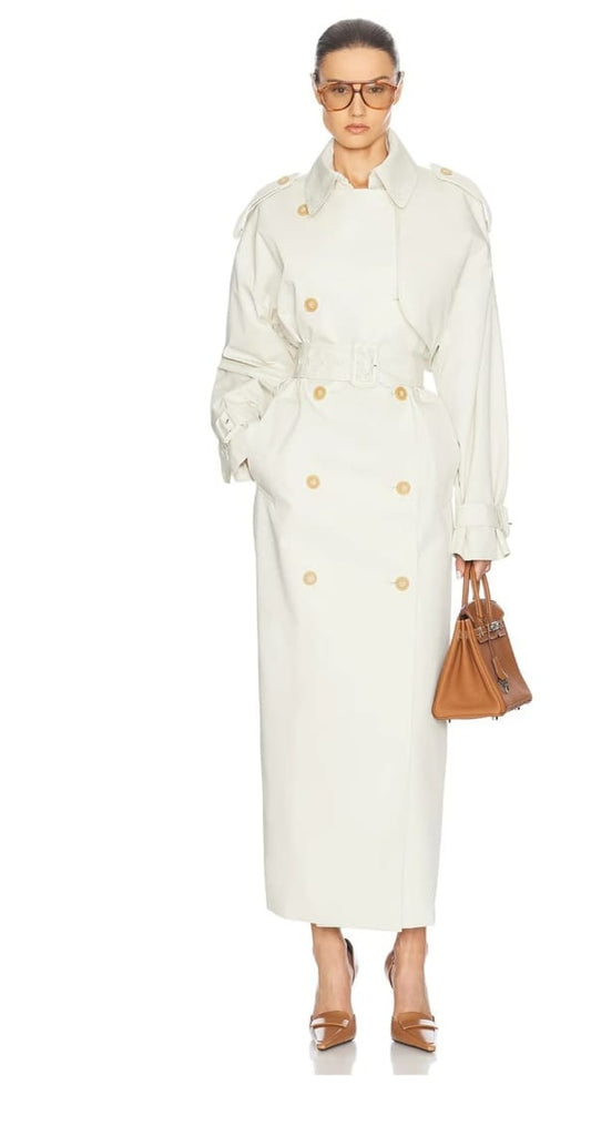 Bruyère White Double-Breasted Long Trench Coat