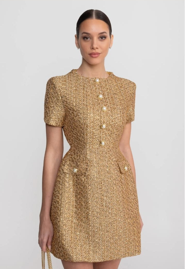 Tweed Mini Dress With Round Neckline And Pearl Button Detail - Gold
