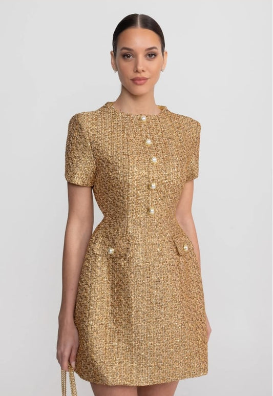 Tweed Mini Dress With Round Neckline And Pearl Button Detail - Gold