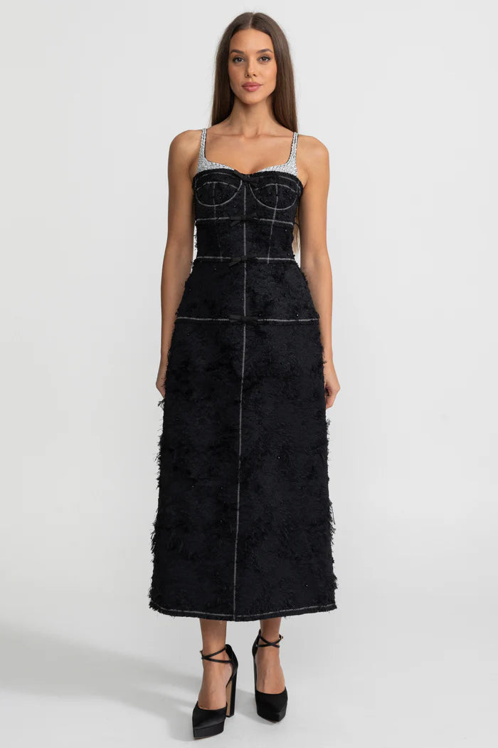 Textured Tweed Midi Dress With Contrast Straps and Bow Detailing – Black