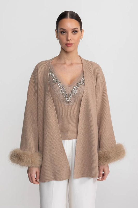 Knit Two Piece Set With Crystal Embellishments And Trim Cuffs - Beige
