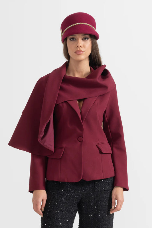 Modern Blazer With Asymmetrical Draped Scarf - Burgundy