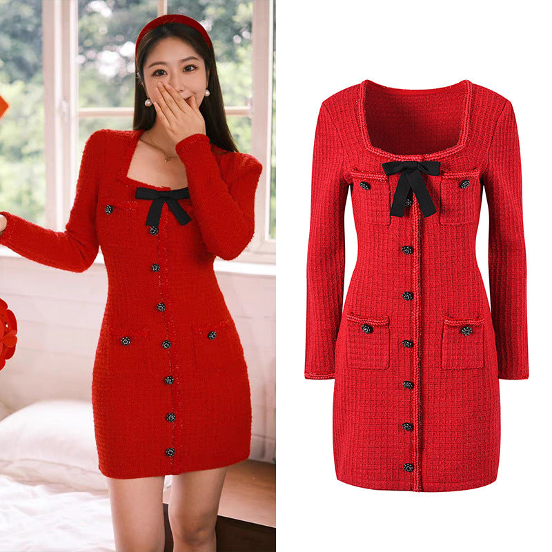 Red Bow Square Neck Xiao Xiang Slim Fit Knit Dress