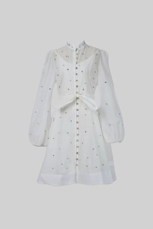 Elegant Dress With Long Puffed Sleeves, High Collar And Sparkling Embellishments - White