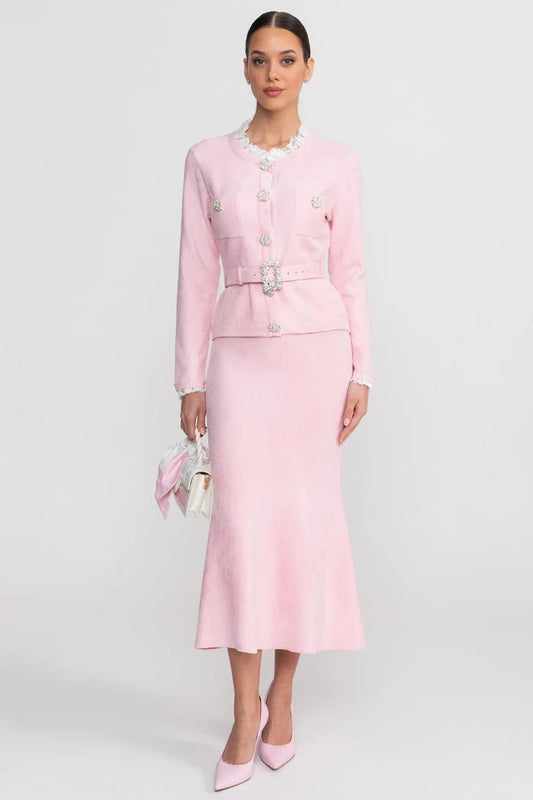 Long Sleeve Co-Ord With Fitted Knit Bodice And Crystal Button Detail - Blush Pink