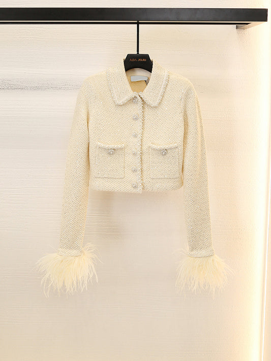 Tweed Tassel Feather Sleeve Cardigan