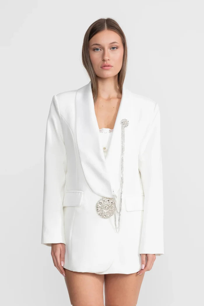 Crystal Brooch Blazer With Shawl Lapels – White