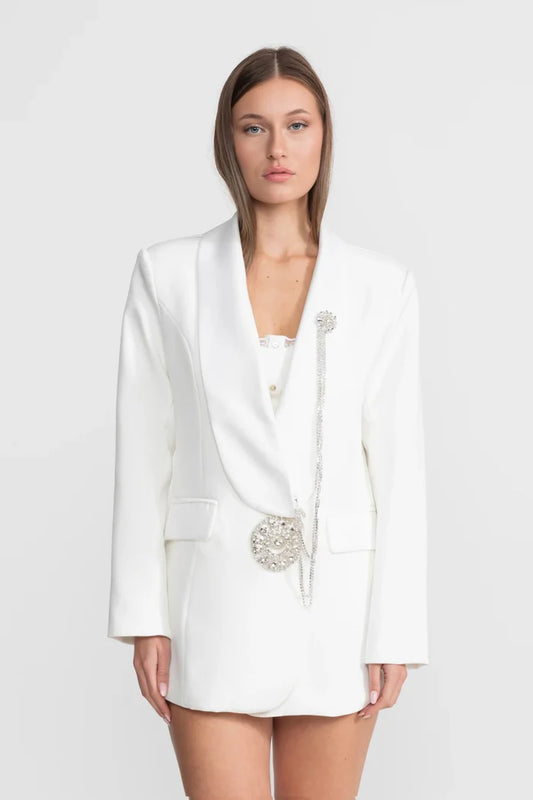Crystal Brooch Blazer With Shawl Lapels – White