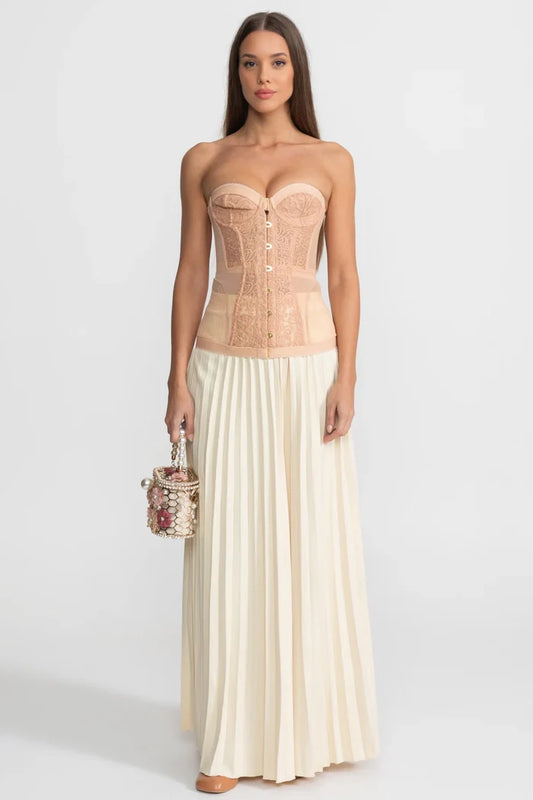 Strapless Lace Corset Top with Boning and Front Closure - Nude