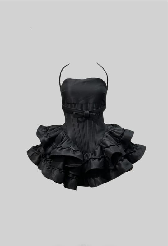 SLEEVELESS DRESS WITH CORSET-STYLE BODICE AND FLARED MINI SKIRT - BLACK