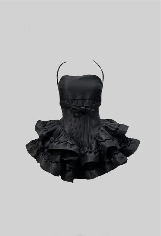 SLEEVELESS DRESS WITH CORSET-STYLE BODICE AND FLARED MINI SKIRT - BLACK