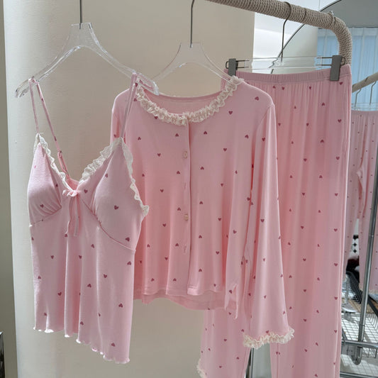 Lace Trim Pajamas  Three-Piece Set